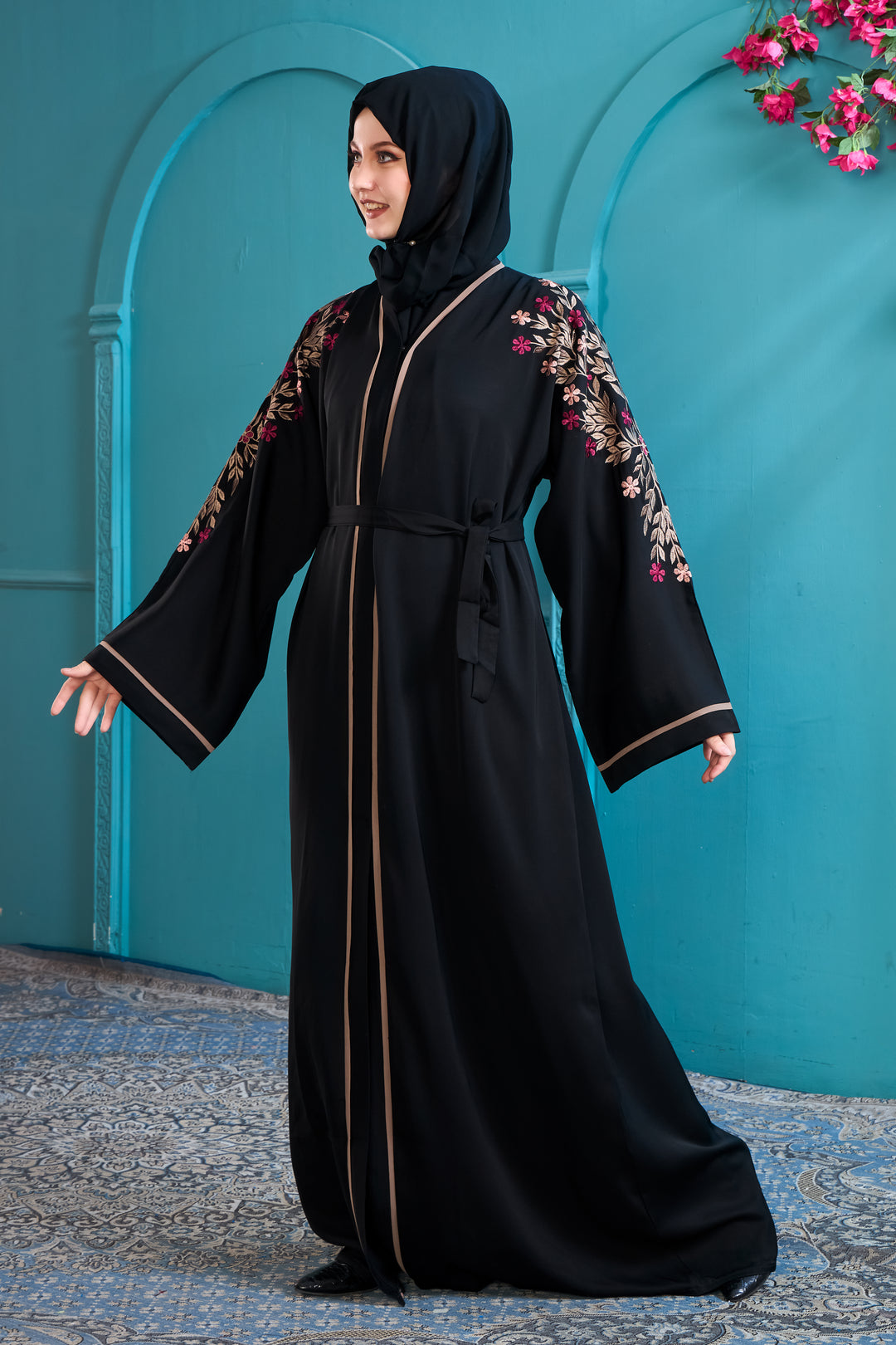 Black Abaya with Intricate Floral Embroidery