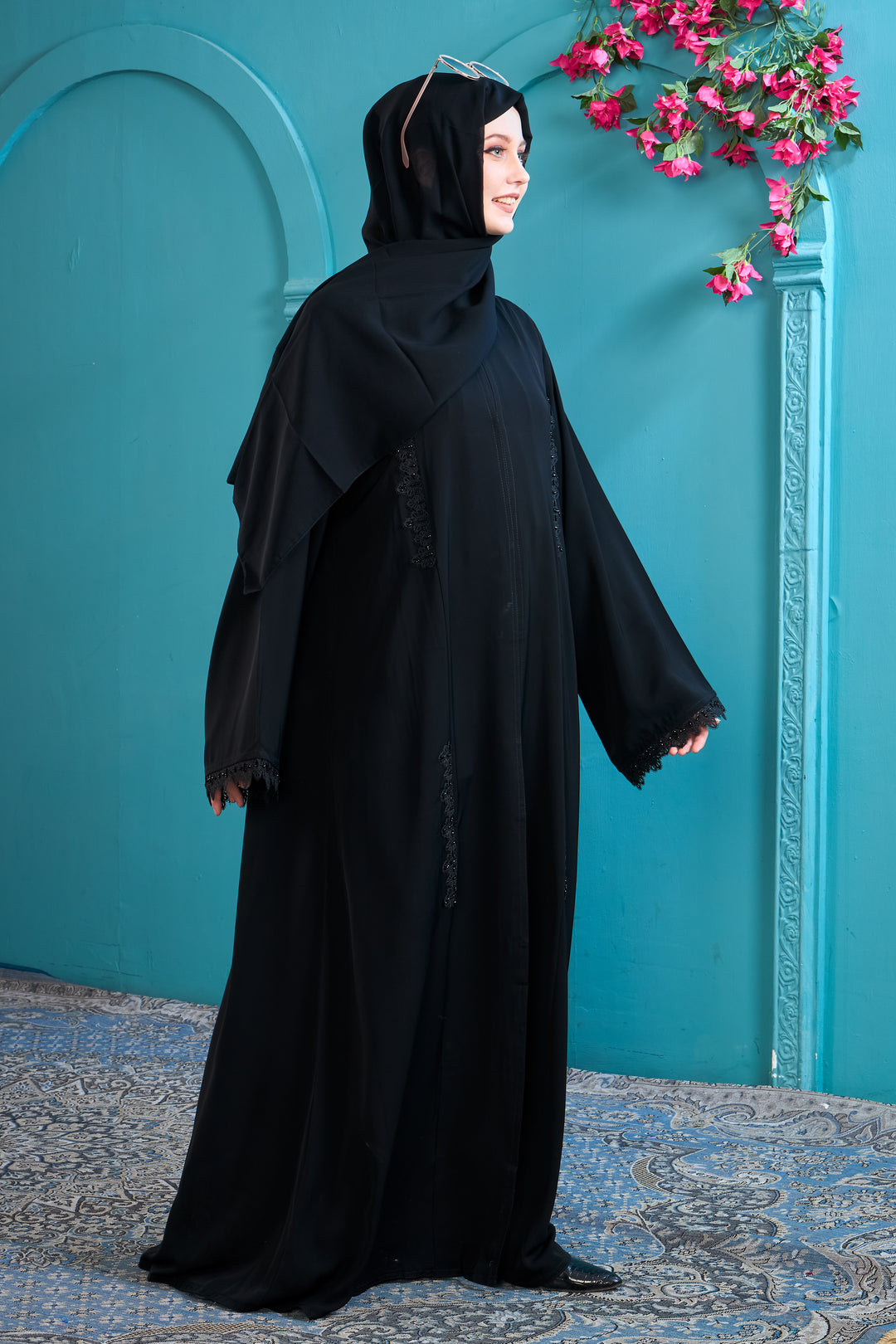 Elegant Black Abaya with Tonal Lace Details