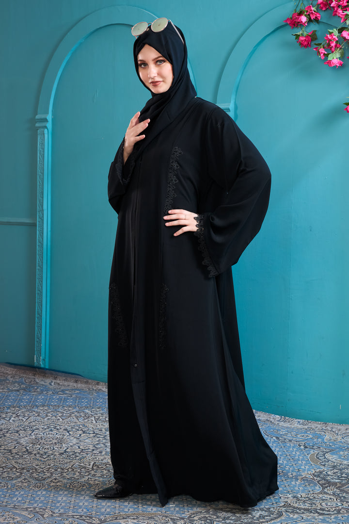 Elegant Black Abaya with Tonal Lace Details
