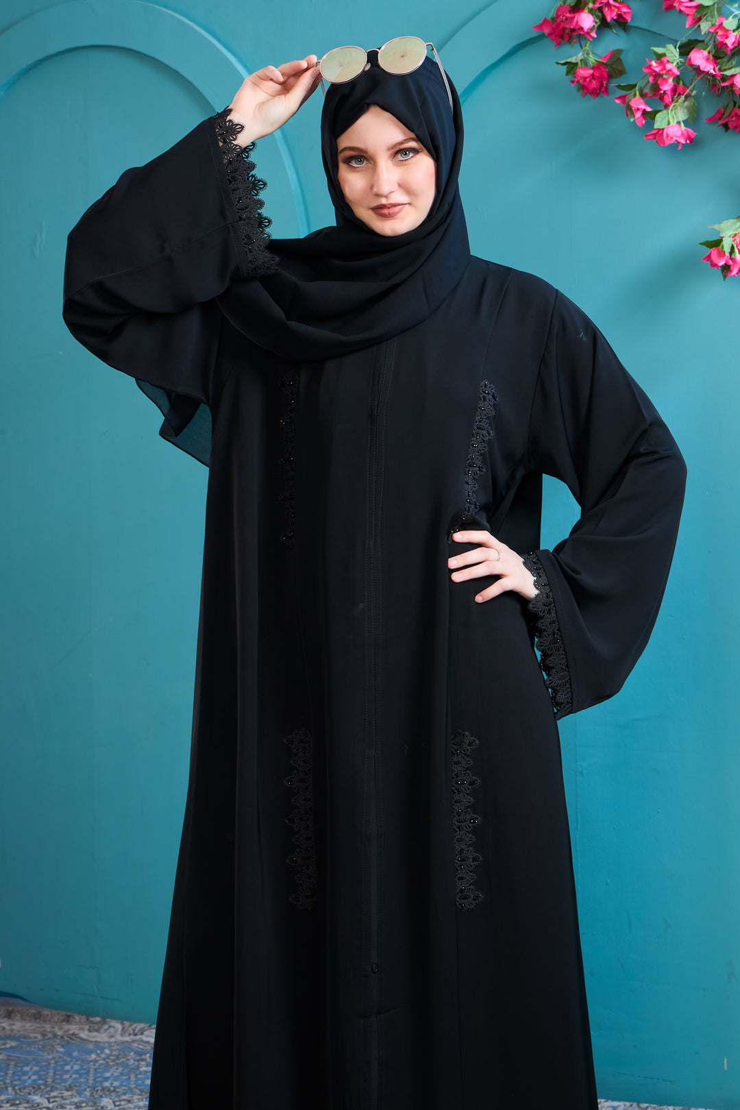 Elegant Black Abaya with Tonal Lace Details