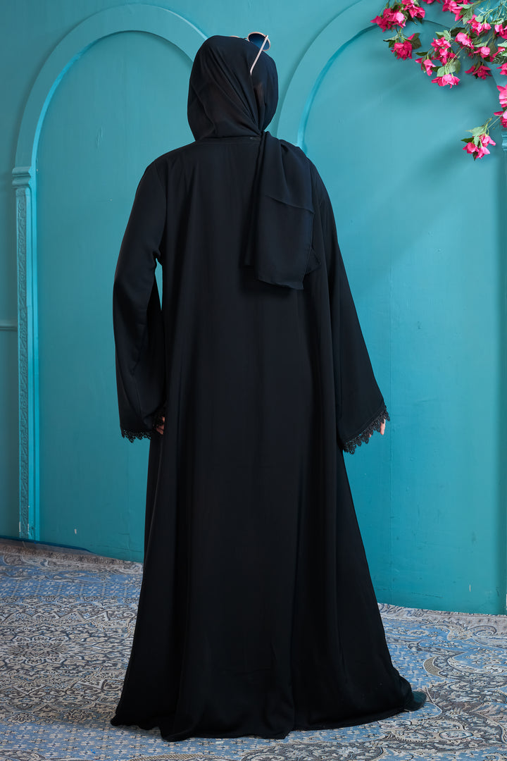Elegant Black Abaya with Tonal Lace Details