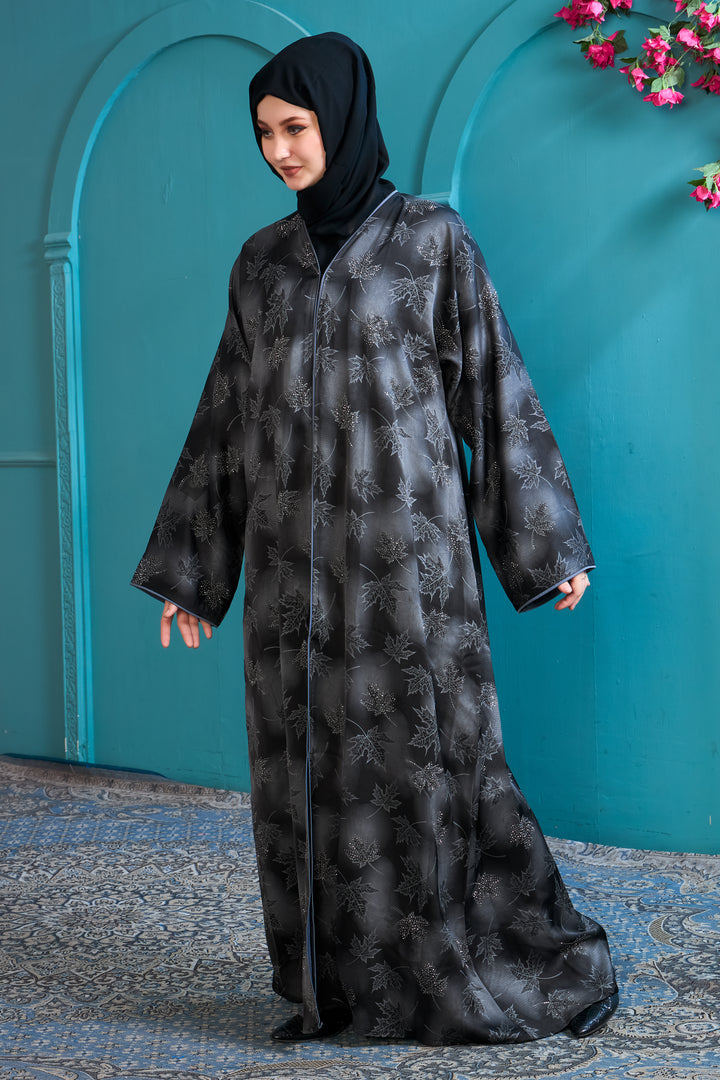 Sophisticated Gray Abaya with Leafy Design
