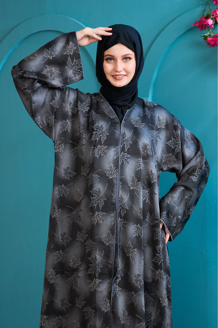 Sophisticated Gray Abaya with Leafy Design