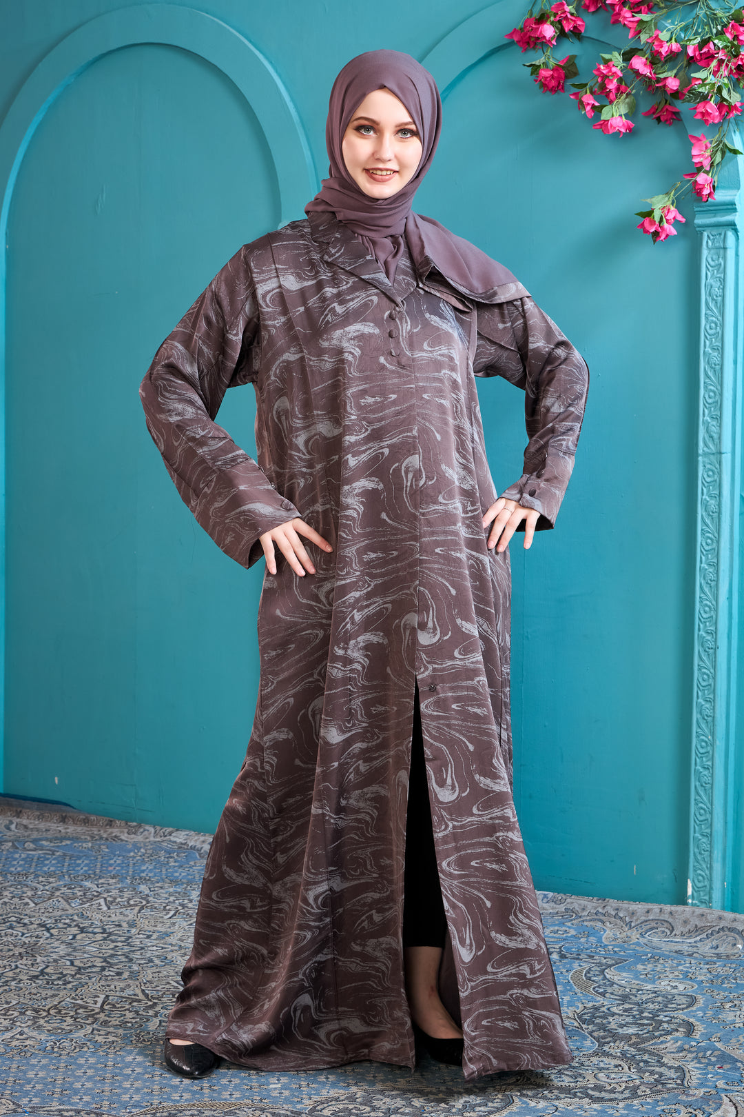 Elegant Mauve Abaya with Marble Print