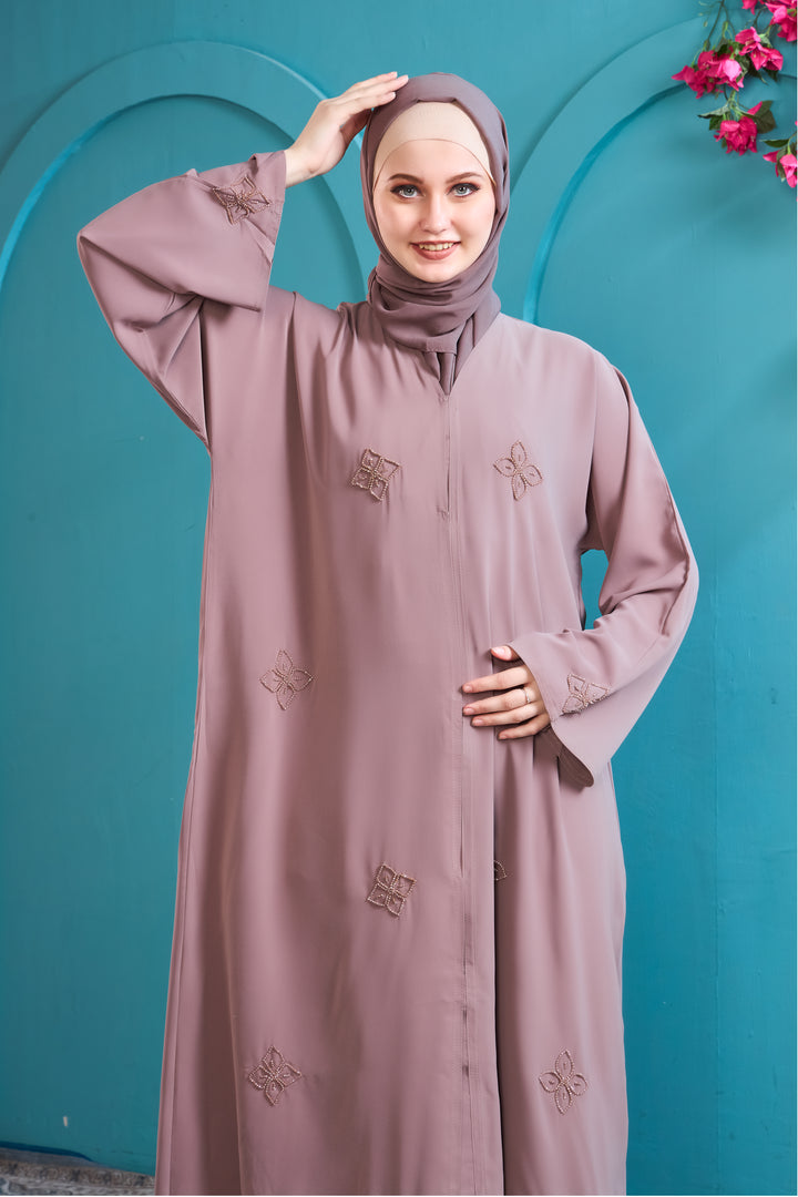 Dusty Rose Abaya with Geometric Embroidery