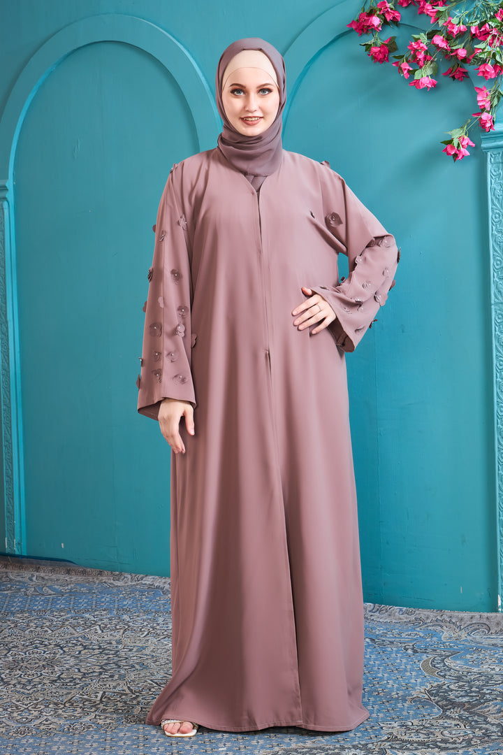 Elegant Dusty Rose Abaya with 3D Floral Details