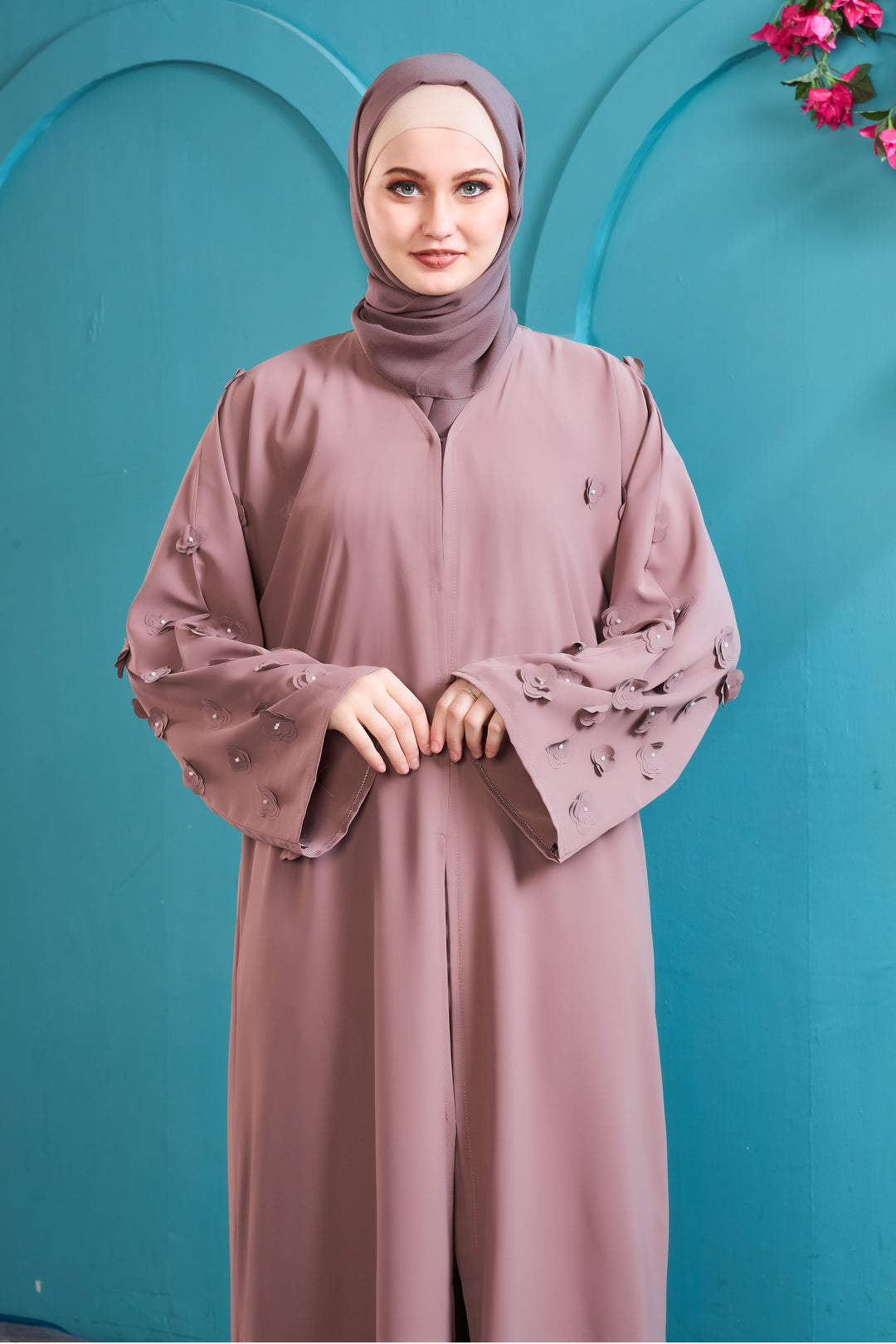 Elegant Dusty Rose Abaya with 3D Floral Details