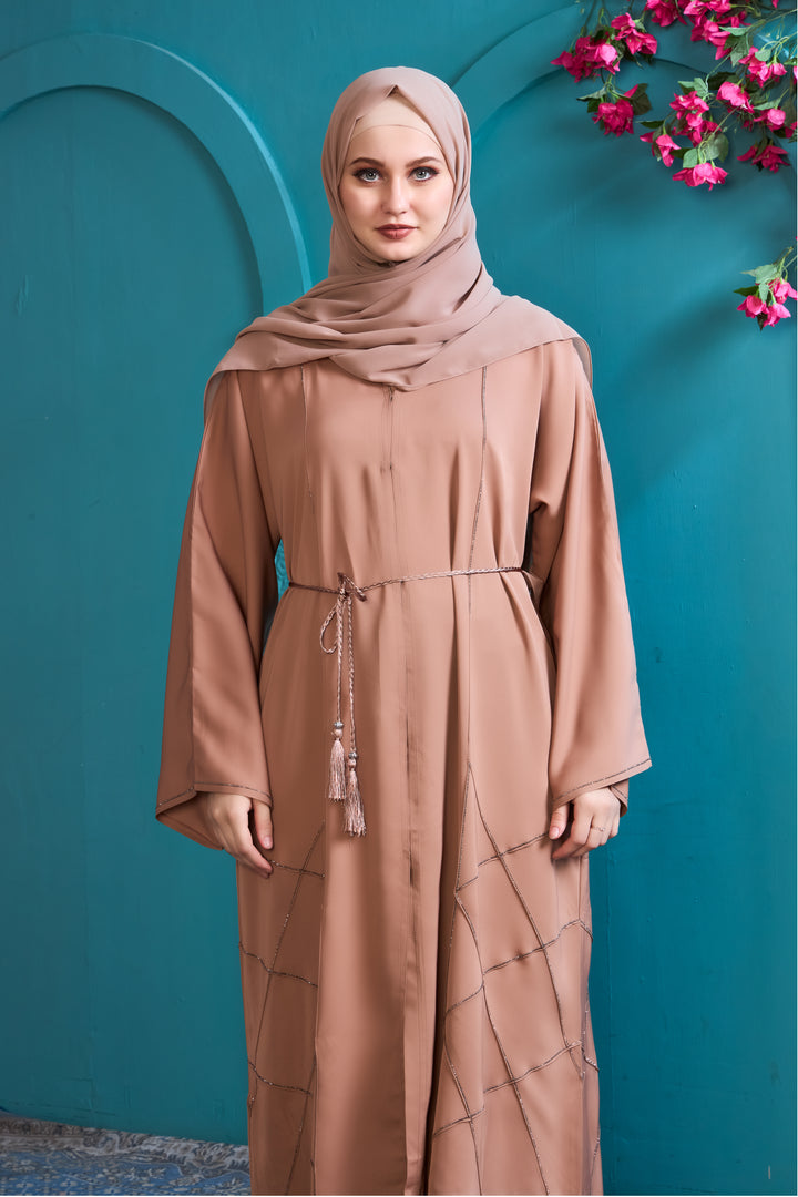 Modern Tan Abaya with Geometric Accents