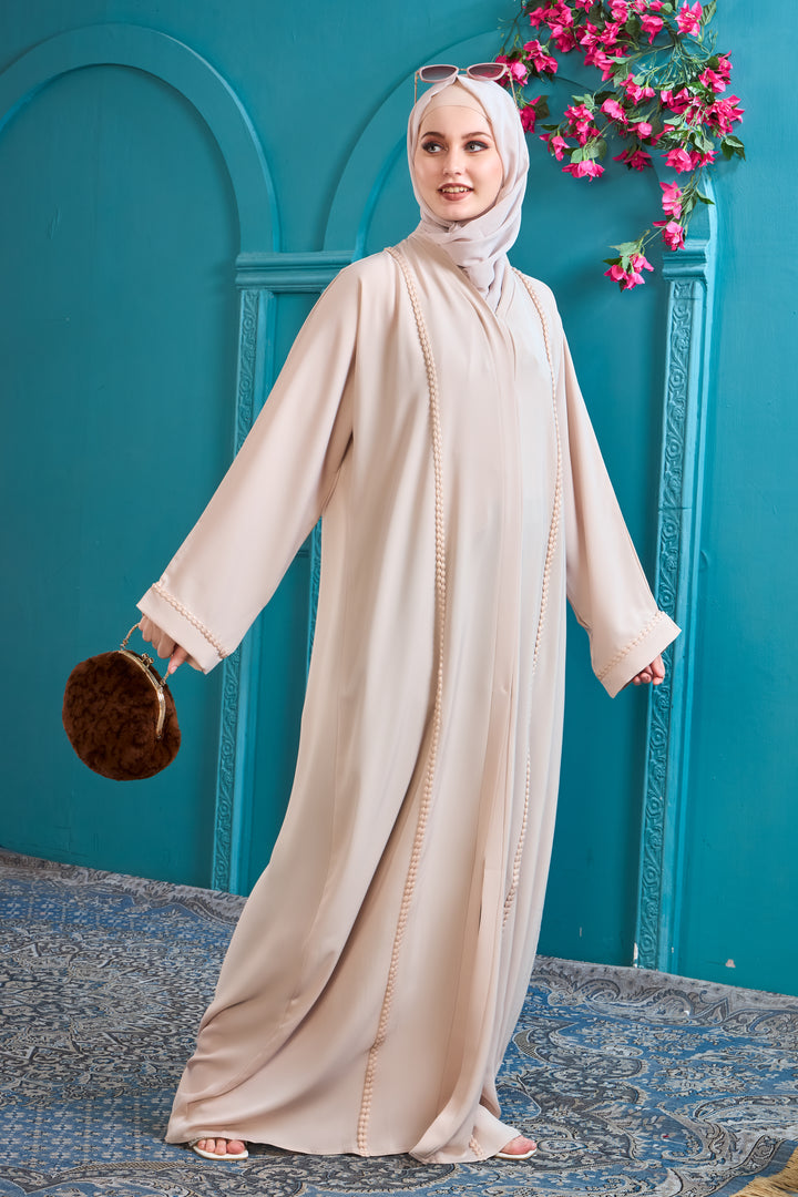 Chic Beige Abaya with Rope-Style Trim