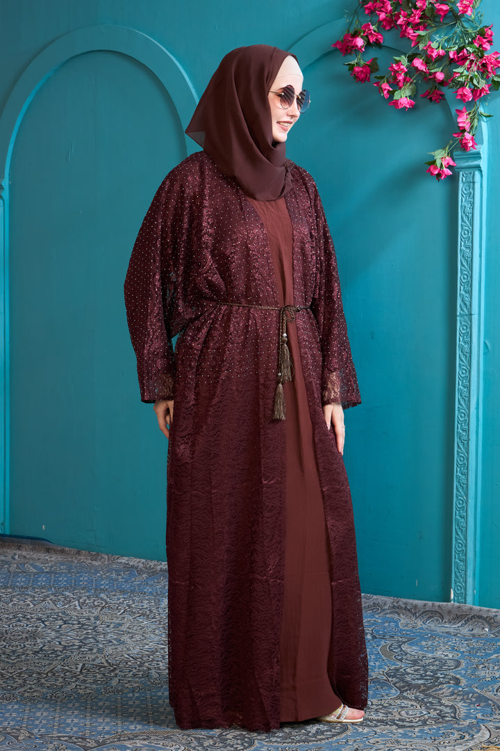 Maroon Lace Abaya with Beaded Detailing & Waist Tie