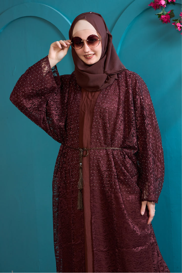 Maroon Lace Abaya with Beaded Detailing & Waist Tie
