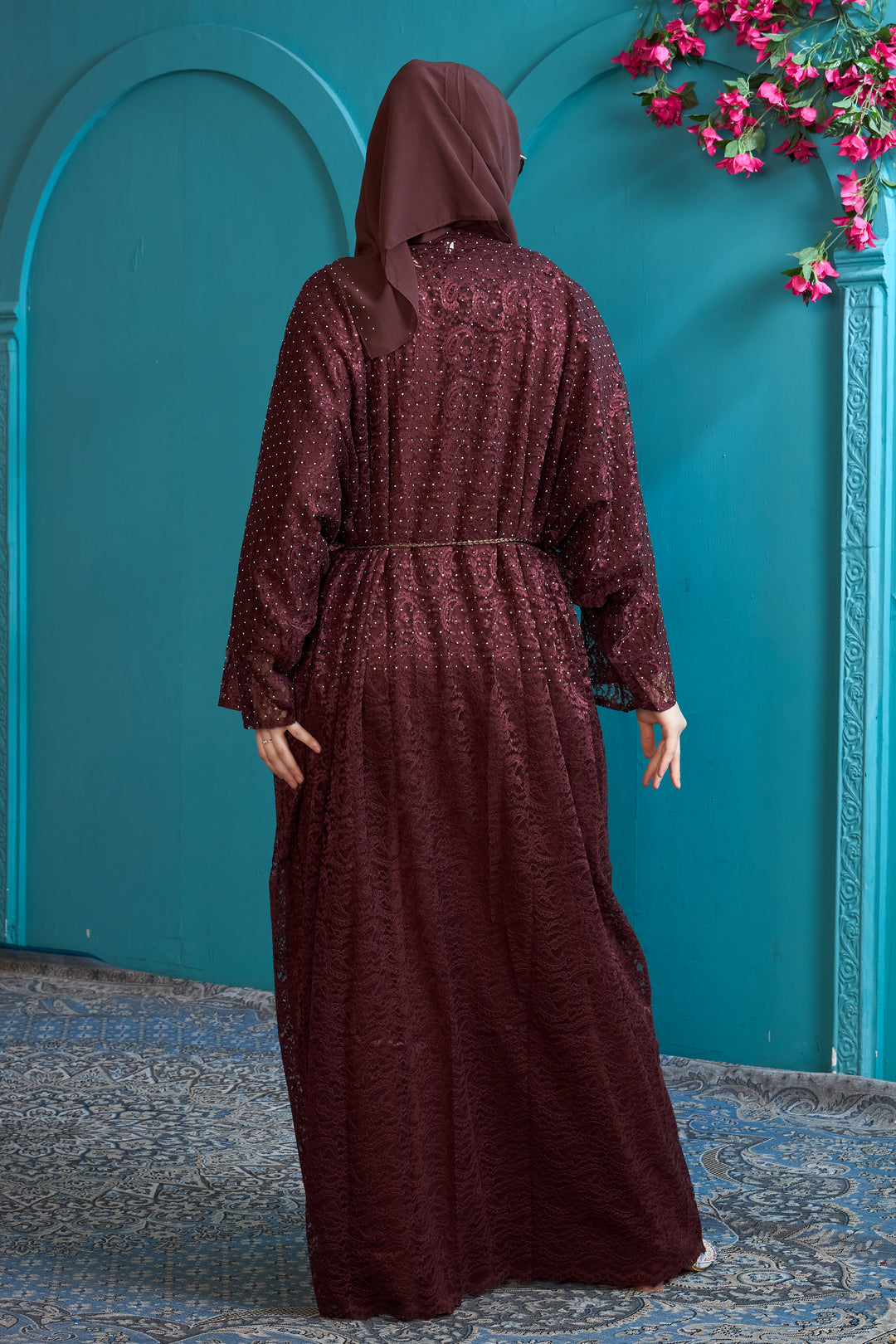 Maroon Lace Abaya with Beaded Detailing & Waist Tie