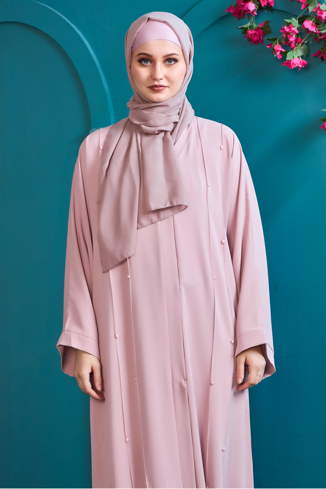 Soft Blush Abaya with Pearl Accents