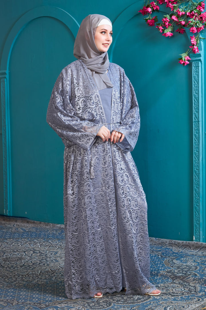 Grey Lace Elegance Abaya
