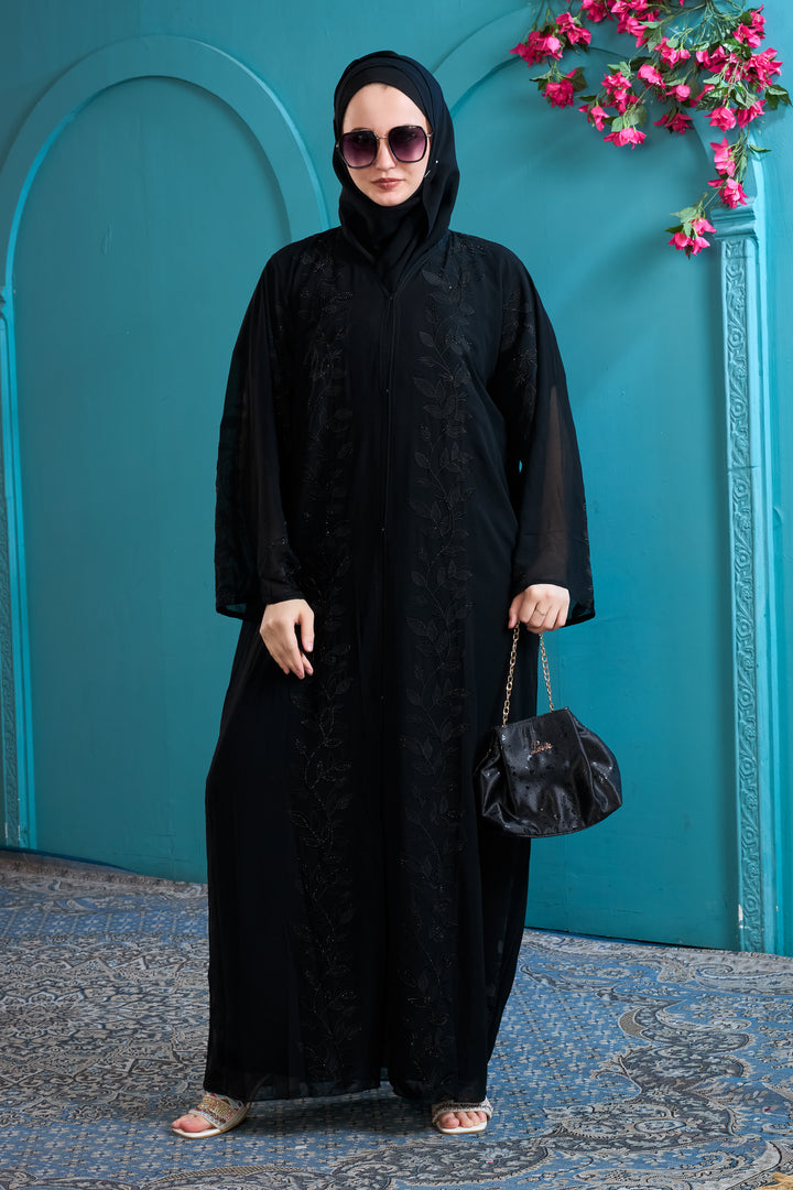 Black Abaya with Floral Beadwork