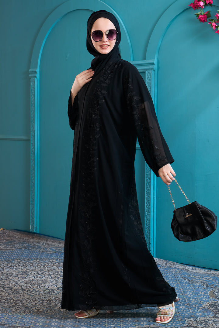 Black Abaya with Floral Beadwork