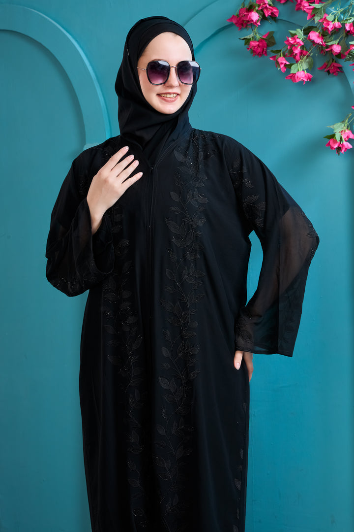 Black Abaya with Floral Beadwork