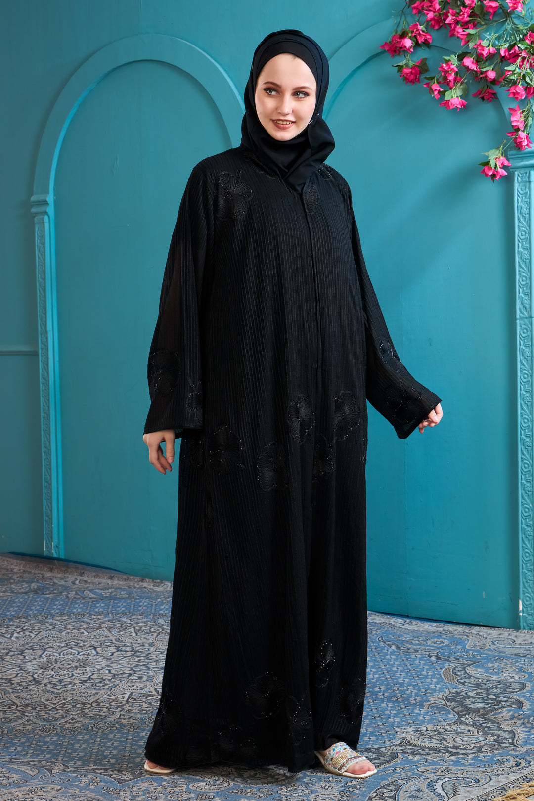 Sophisticated Black Abaya with Vertical Stripes and Floral Embellishments
