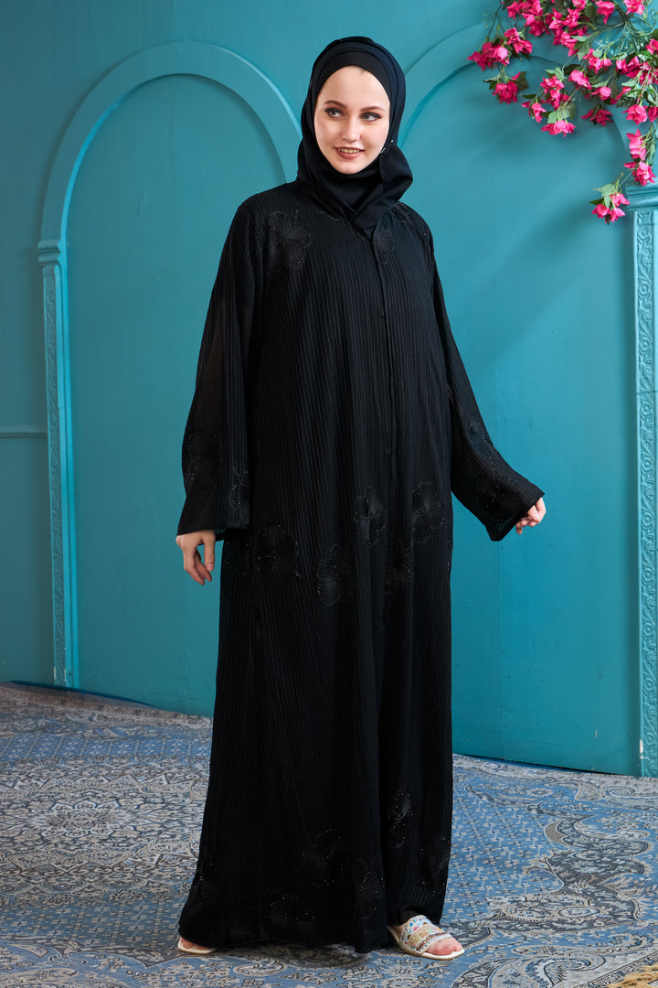 Sophisticated Black Abaya with Vertical Stripes and Floral Embellishments