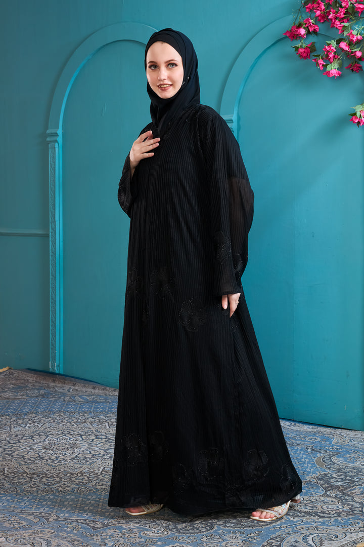 Sophisticated Black Abaya with Vertical Stripes and Floral Embellishments
