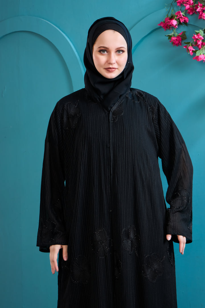 Sophisticated Black Abaya with Vertical Stripes and Floral Embellishments