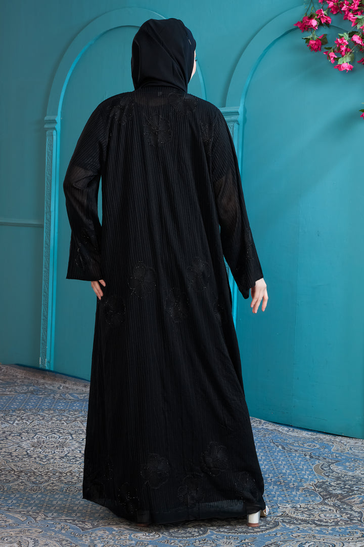 Sophisticated Black Abaya with Vertical Stripes and Floral Embellishments