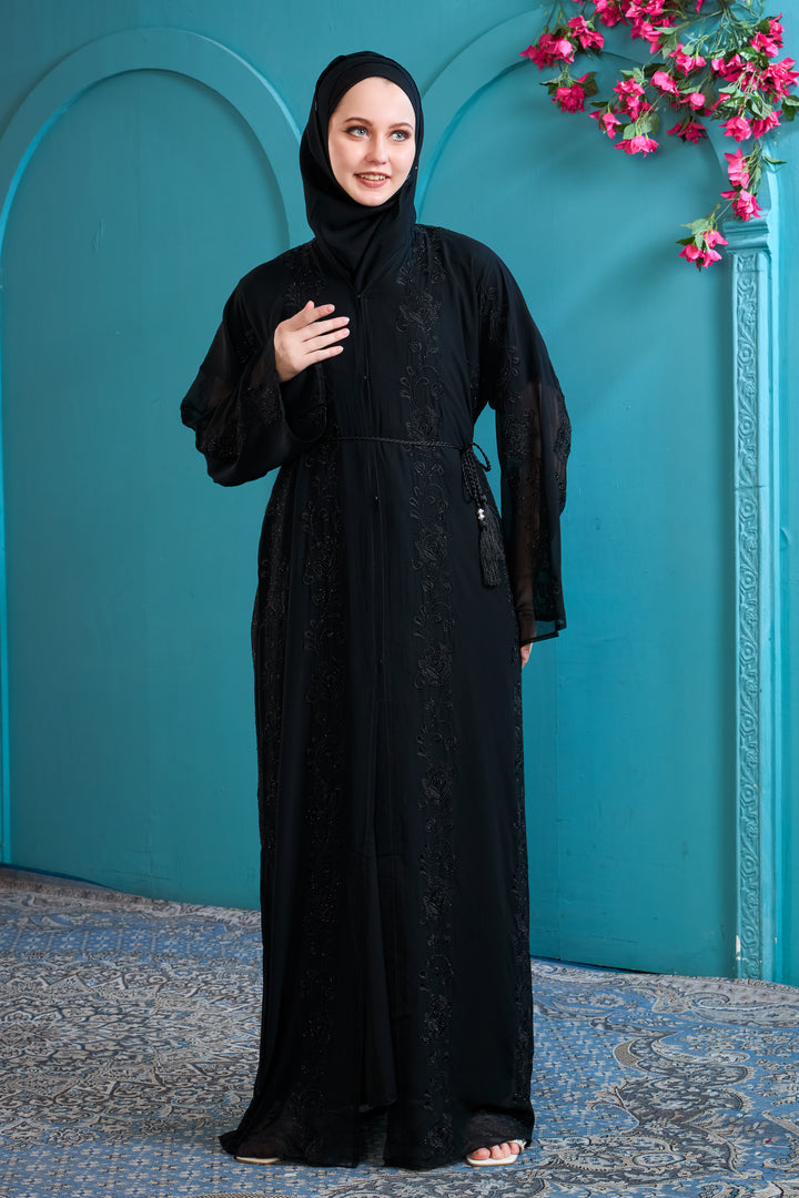Black Abaya with Beaded Details and Tassel Belt