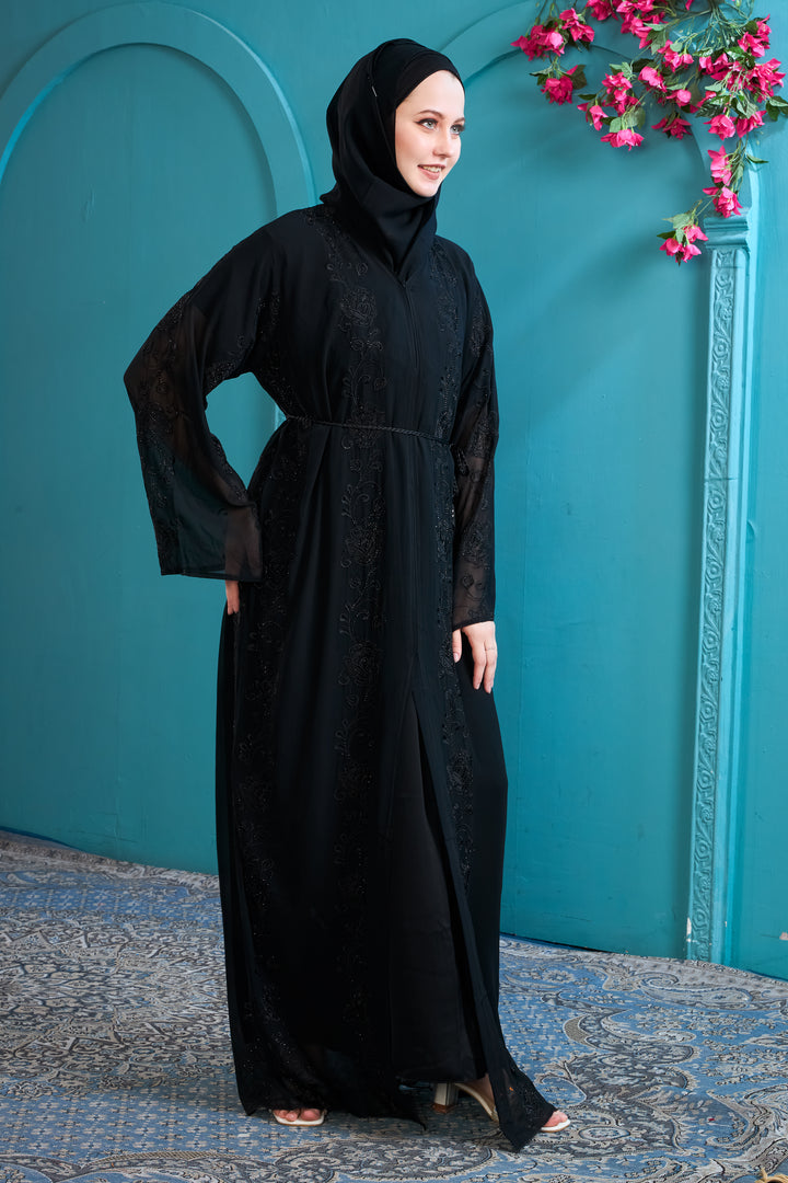 Black Abaya with Beaded Details and Tassel Belt