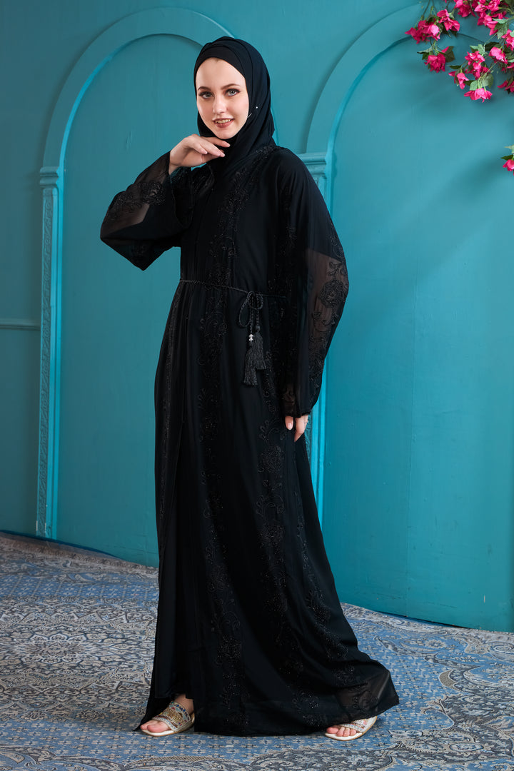 Black Abaya with Beaded Details and Tassel Belt
