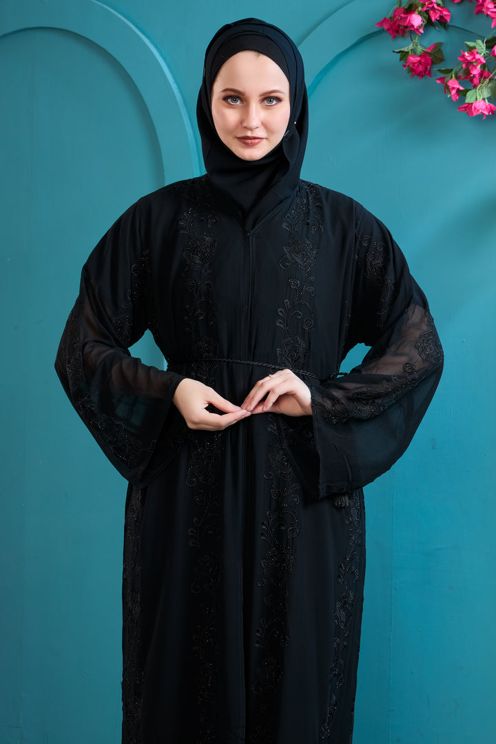 Black Abaya with Beaded Details and Tassel Belt