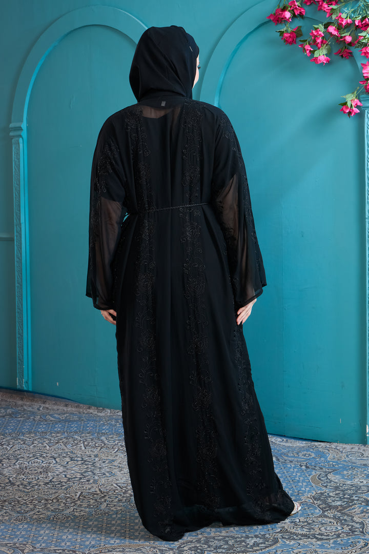 Black Abaya with Beaded Details and Tassel Belt