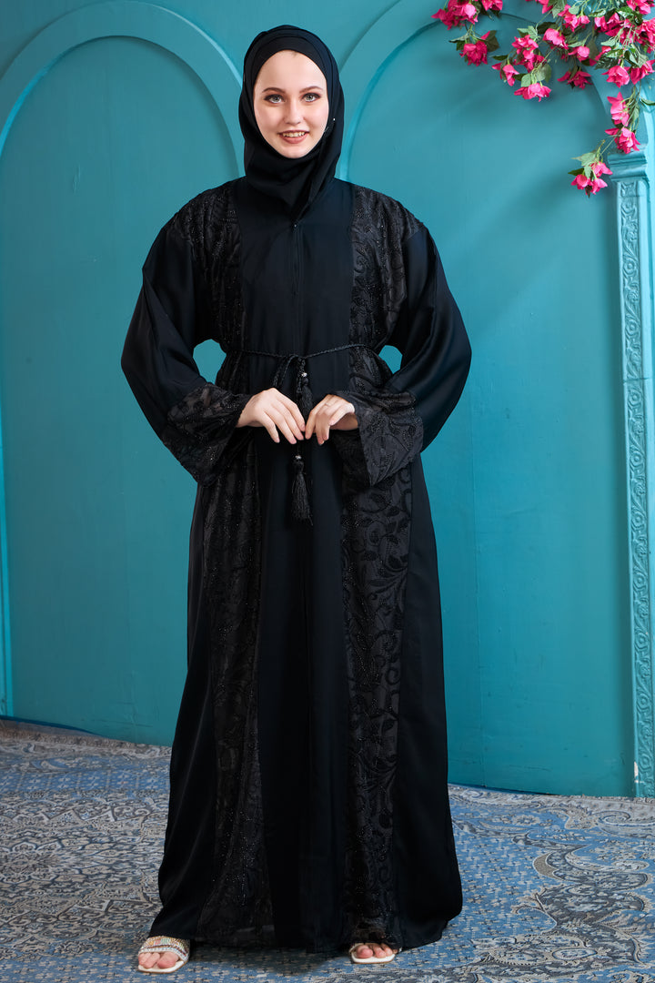 Black Abaya with Ornate Lace and Beadwork