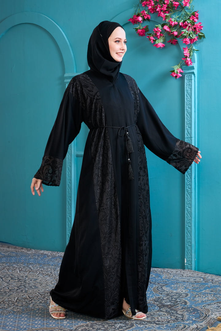 Black Abaya with Ornate Lace and Beadwork