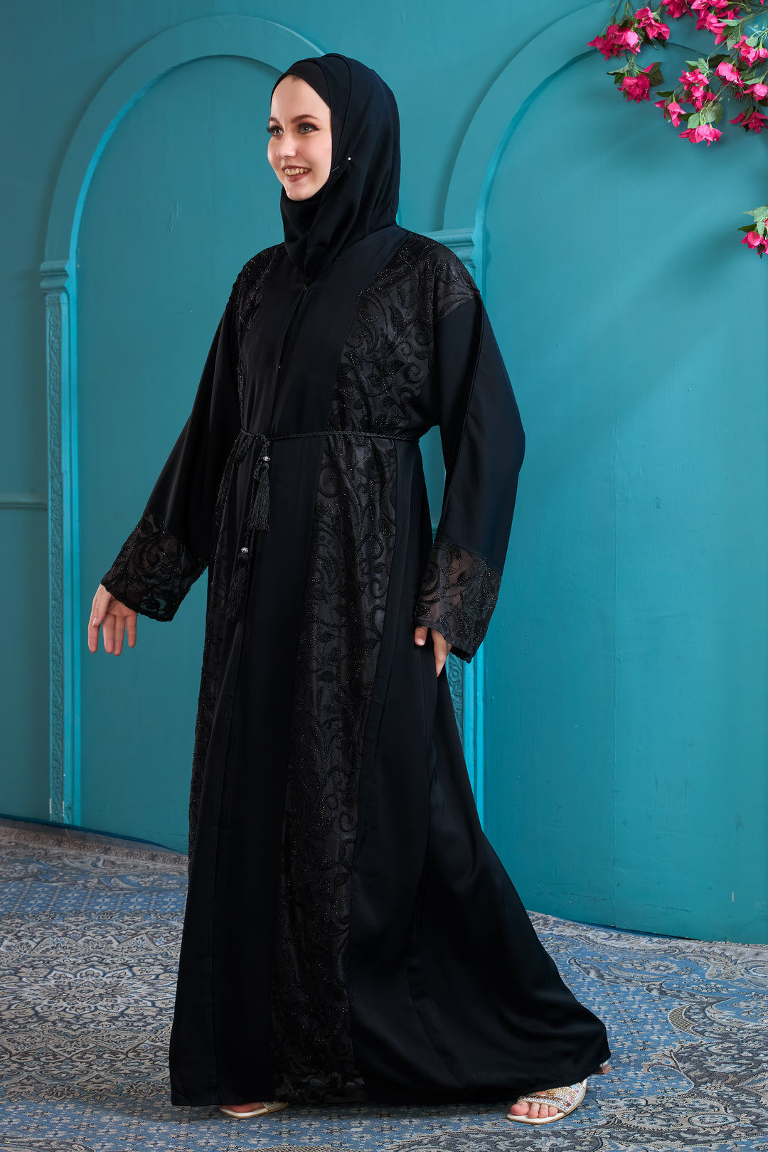 Black Abaya with Ornate Lace and Beadwork