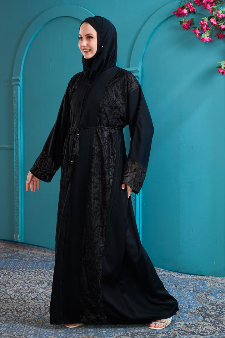 Black Abaya with Ornate Lace and Beadwork
