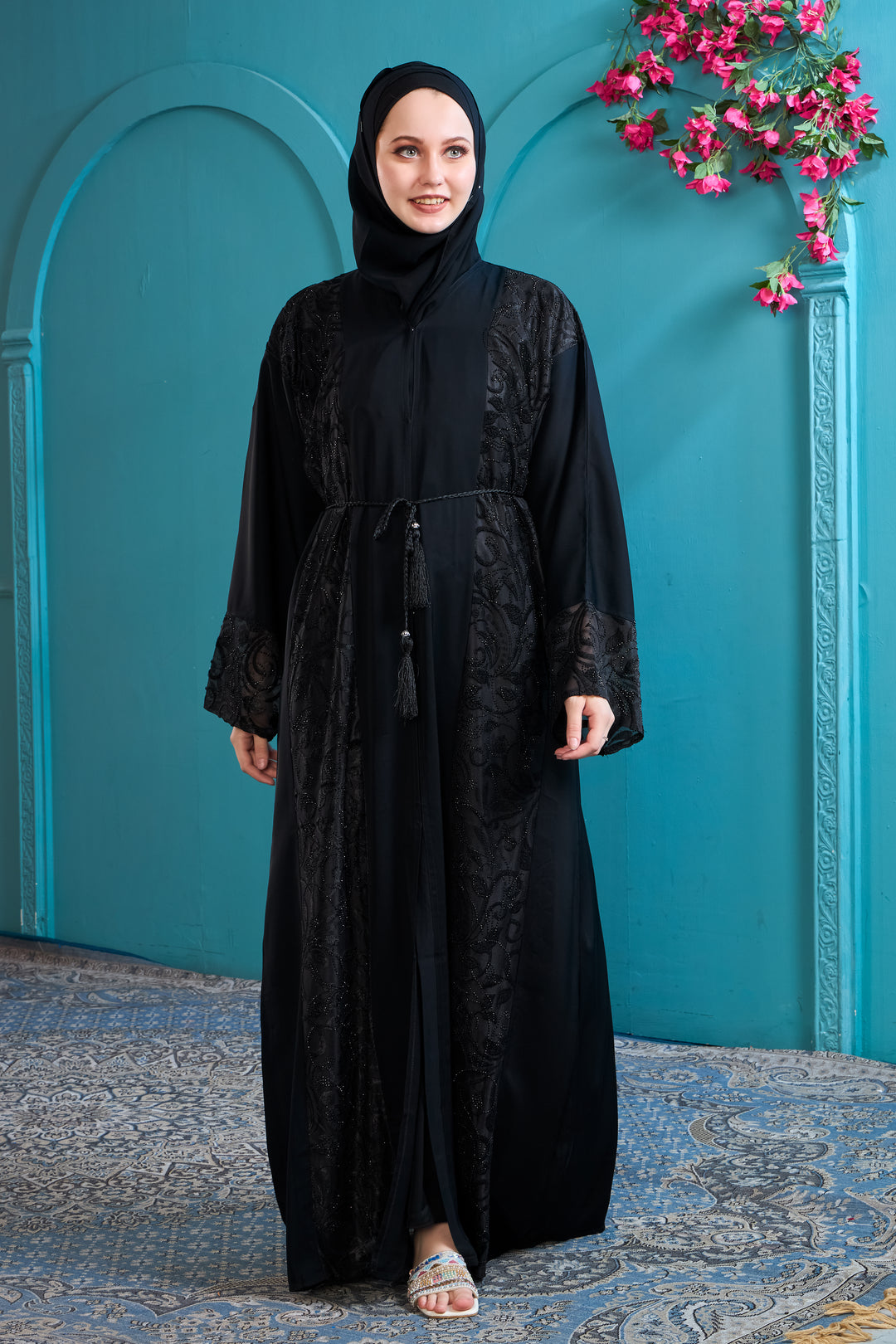 Black Abaya with Ornate Lace and Beadwork