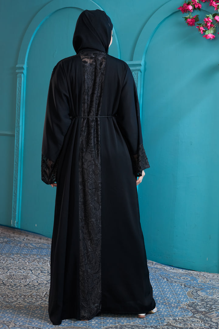 Black Abaya with Ornate Lace and Beadwork