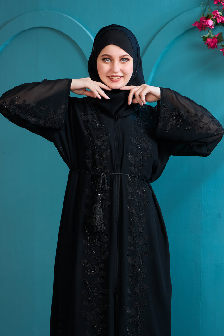 Black Abaya with Floral Beadwork