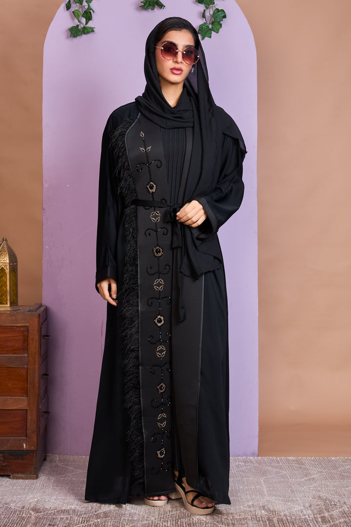 Shrug Abaya – Black with Black & Golden Floral Bead Detailing & Feather Trim