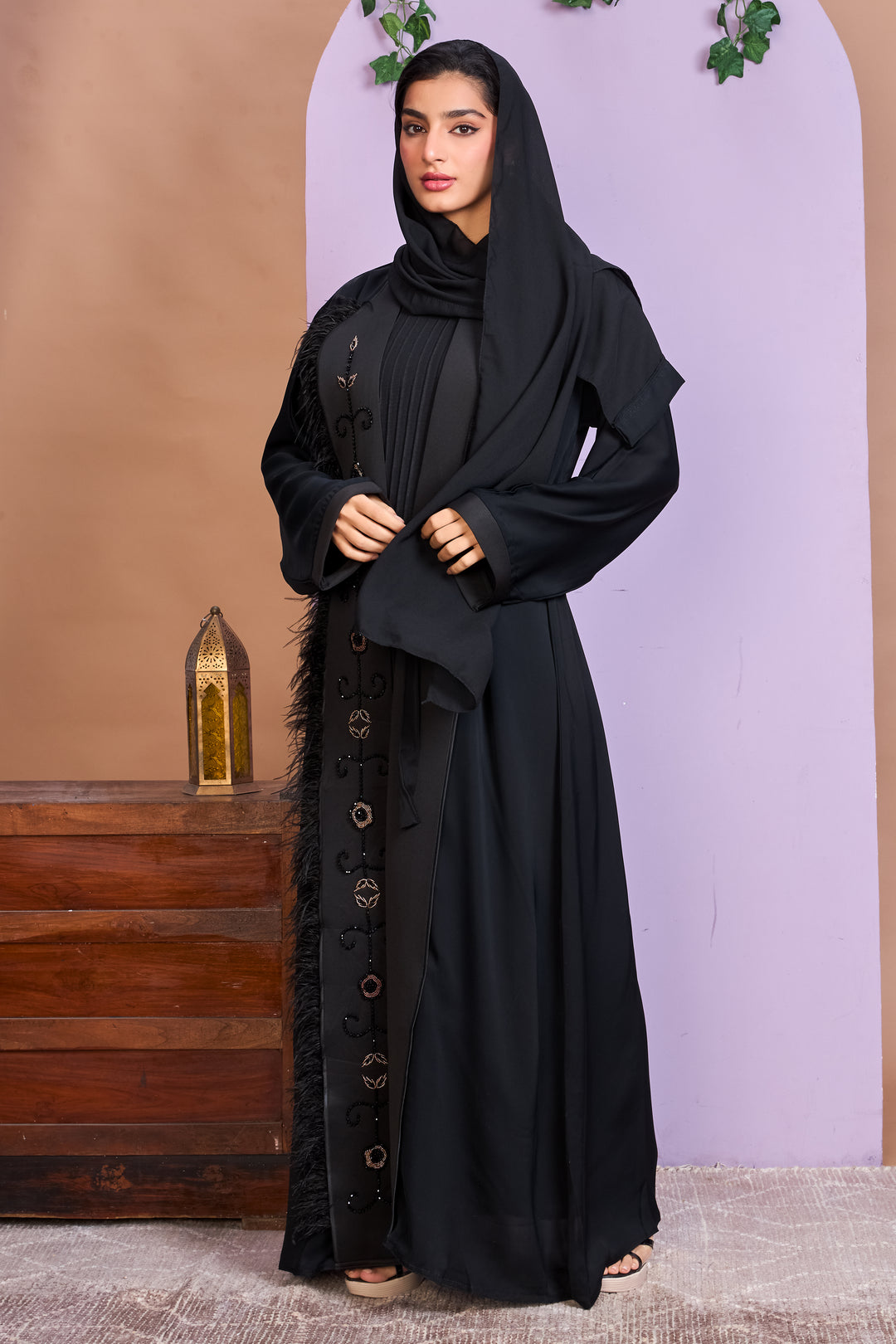 Shrug Abaya – Black with Black & Golden Floral Bead Detailing & Feather Trim