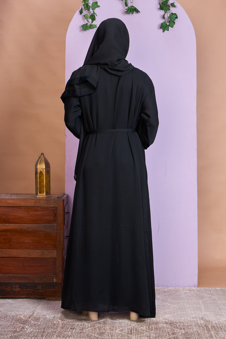 Shrug Abaya – Black with Black & Golden Floral Bead Detailing & Feather Trim
