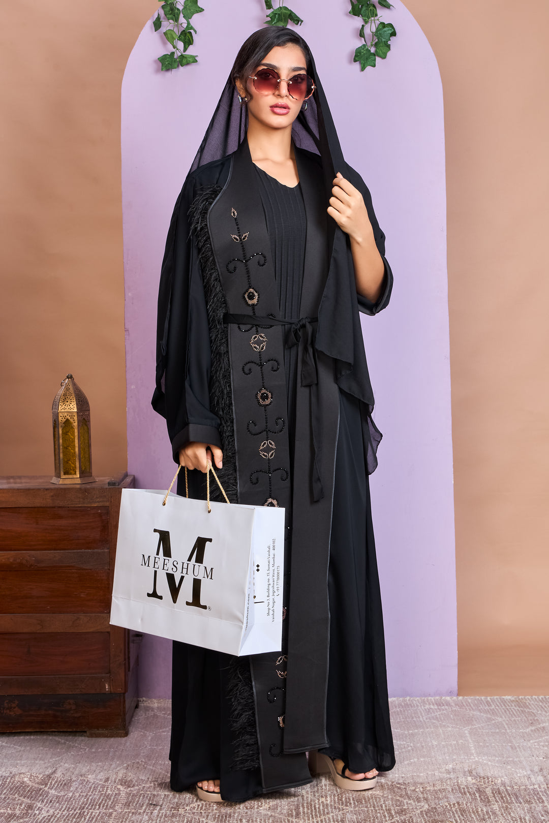 Shrug Abaya – Black with Black & Golden Floral Bead Detailing & Feather Trim