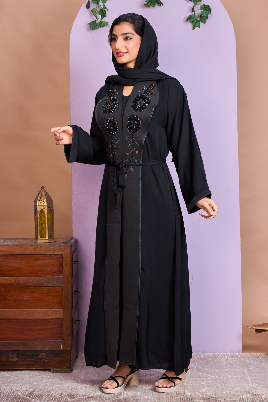 Shrug Abaya – Black with Floral Beaded Detailing