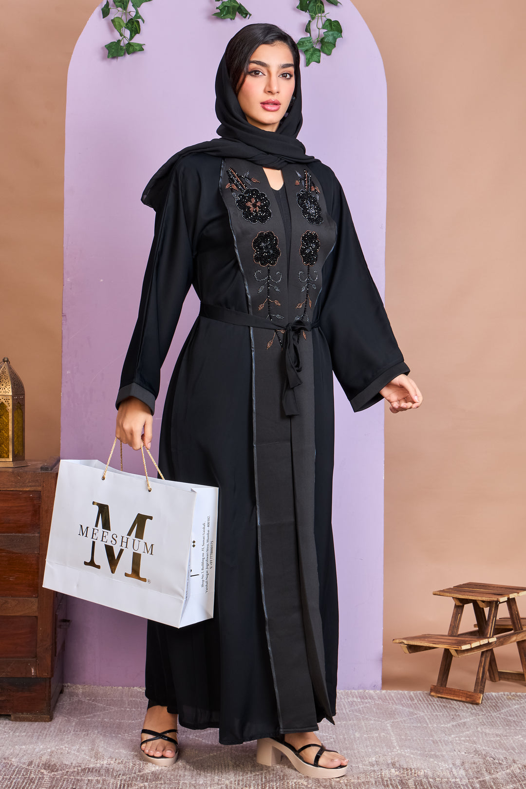 Shrug Abaya – Black with Floral Beaded Detailing