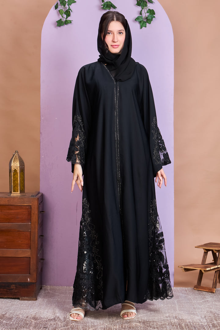 Elegant Straight Cut Black Abaya with Beaded Lace Sleeves