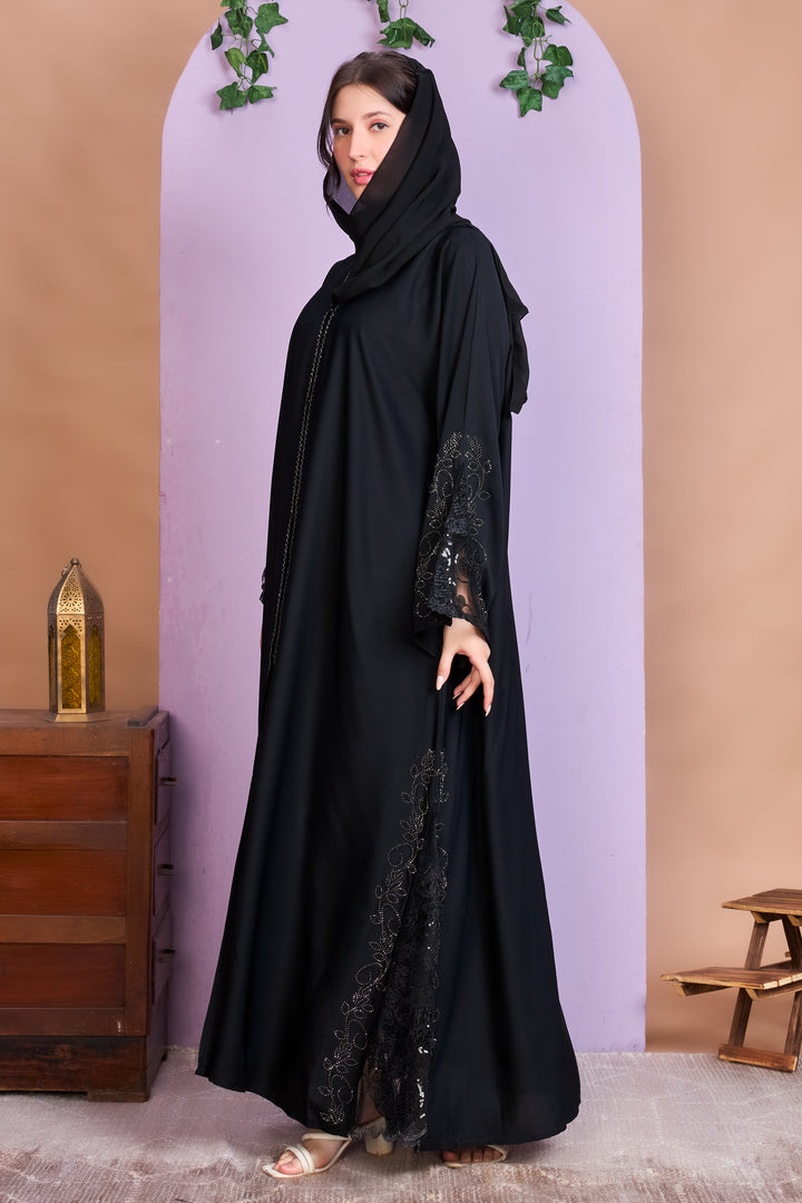 Elegant Straight Cut Black Abaya with Beaded Lace Sleeves