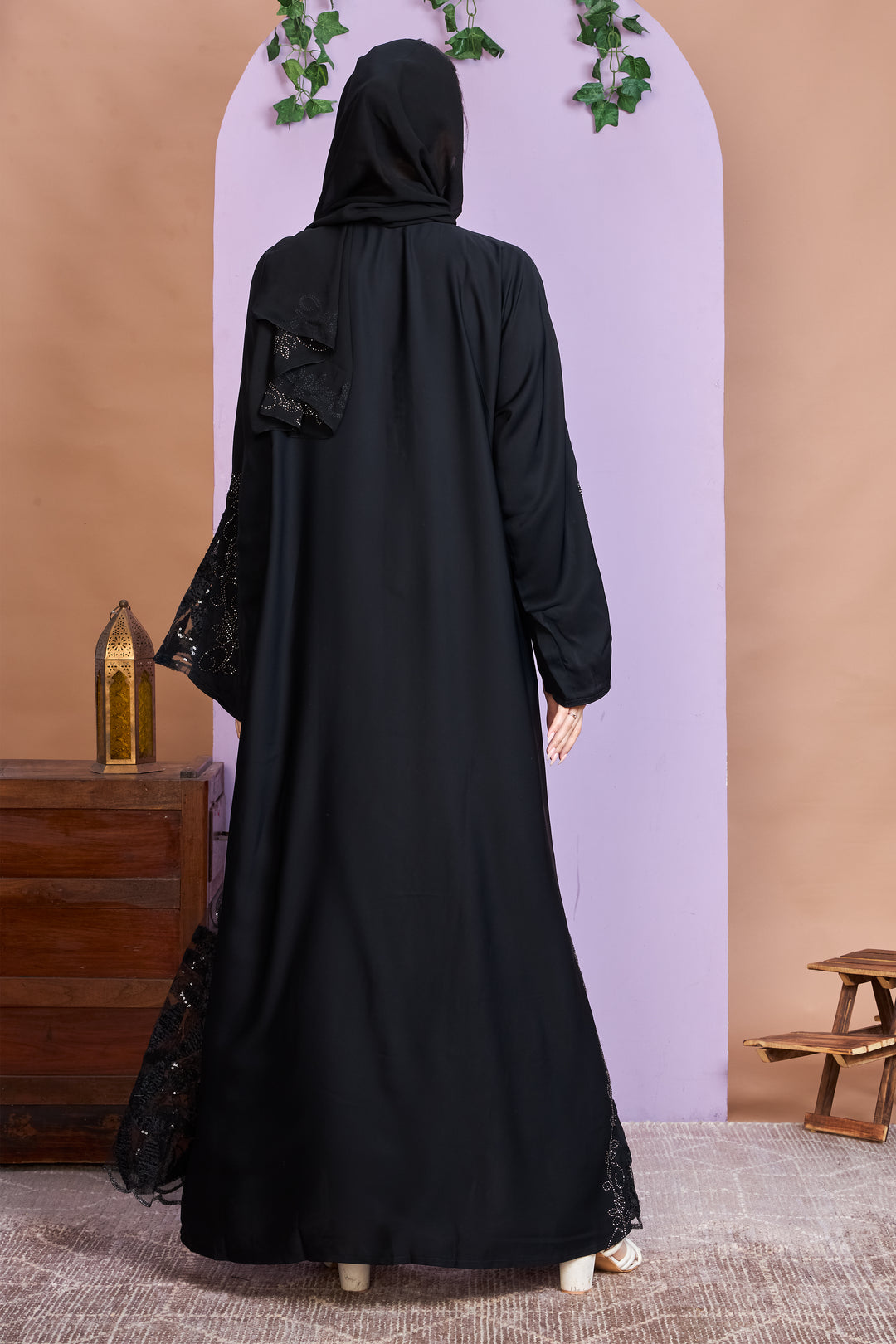 Elegant Straight Cut Black Abaya with Beaded Lace Sleeves