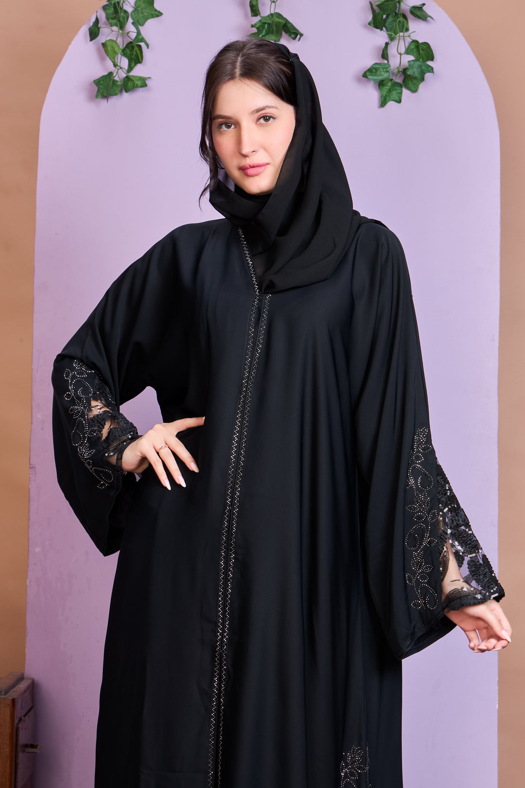 Elegant Straight Cut Black Abaya with Beaded Lace Sleeves