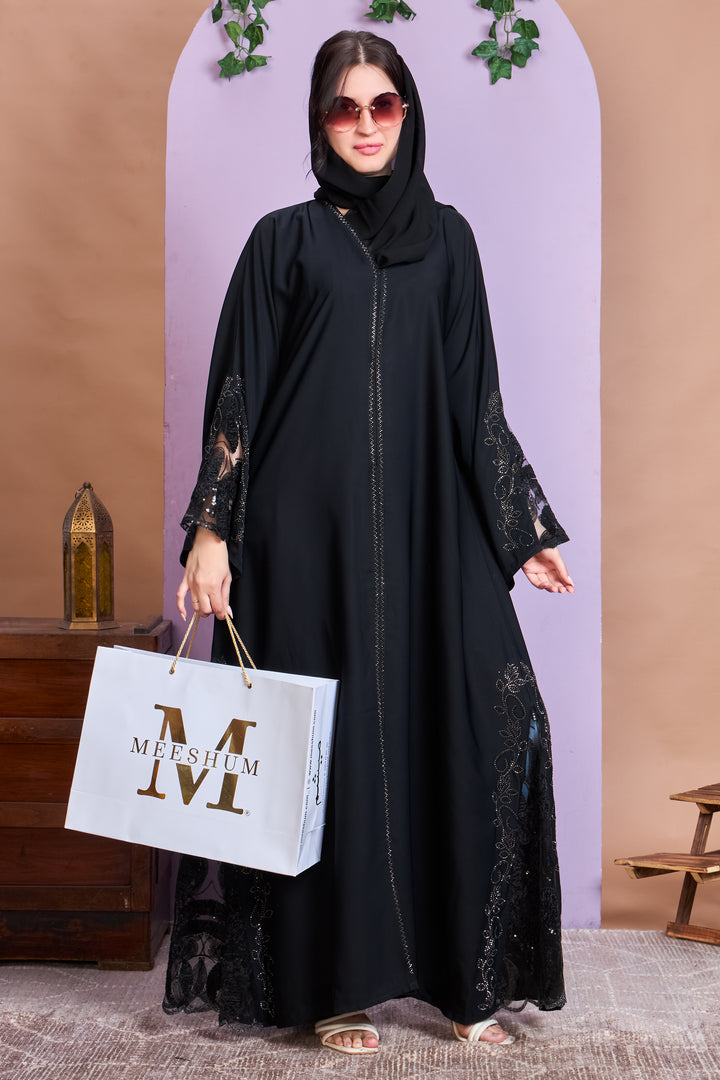 Elegant Straight Cut Black Abaya with Beaded Lace Sleeves