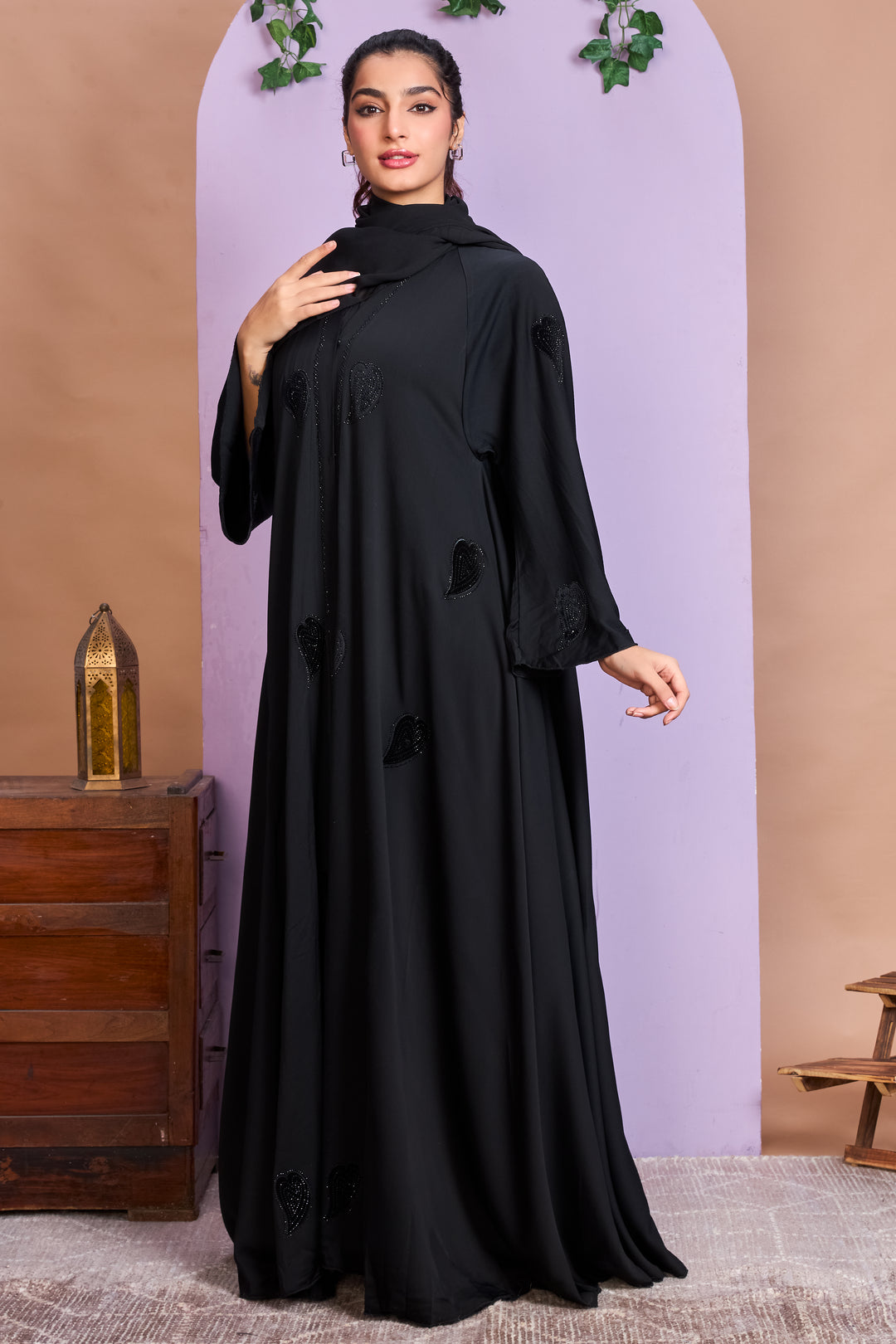 Black Heart Embellished Umbrella Abaya